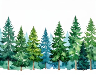 Fototapeta premium Watercolor Painting of a Lush Forest of Evergreen Trees with Different Hues