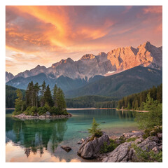 Impressive summer sunrise on Eibsee lake with Zugspitze mountain range. Sunny outdoor scene in German Alps, Bavaria, Germany, Europe. Beauty of nature 