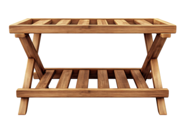 Rustic charm emanates from a handcrafted wooden luggage rack evoking memories of cozy vintage on transparent background
