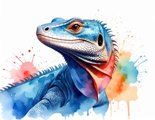Watercolor painting of a vibrant blue iguana with colorful abstract splatters