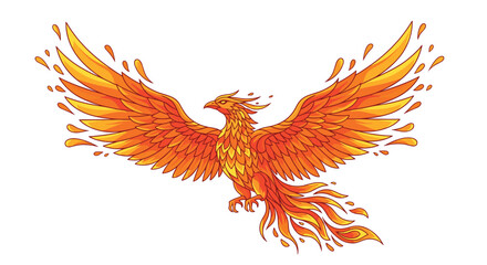 Fototapeta premium Majestic Fiery Phoenix Bird Symbol of Rebirth and Transformation Soaring Through the Sky with Vibrant Orange and Yellow Wings Extended