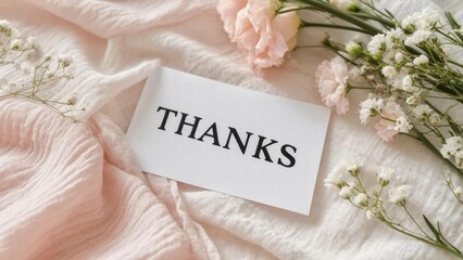 thank you card on the pastel fabric and flowers 