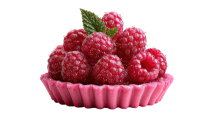 Delicious raspberry tart with fresh mint garnish on display. transparent background