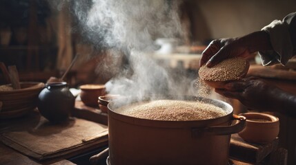 Traditional Food Preparation with Steaming Grain in Rustic Kitchen