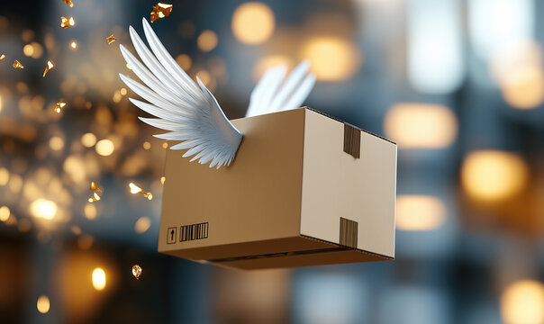 Cardboard shipping box with white angel wings flies through a dreamy, glowing background