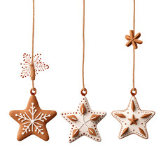 Festive gingerbread star cookies hanging against a stark black background  png isolated on transparent background. 