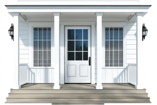 Inviting white cottage porch welcomes you with open arms for the simple pleasures of living on transparent background