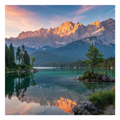 Impressive summer sunrise on Eibsee lake with Zugspitze mountain range. Sunny outdoor scene in German Alps, Bavaria, Germany, Europe. Beauty of nature 