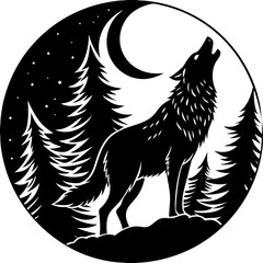 Wild animal illustration of a black and white wolf silhouette in the forest