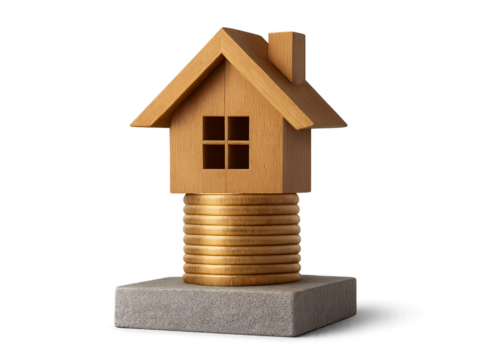 Conceptual house model on a screw base with a stone support Isolyate on transparent background