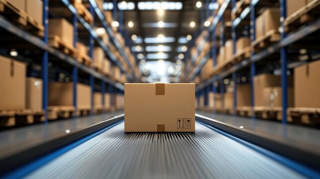 A cardboard box moves along a conveyor belt in a large warehouse filled with shelves stacked with packages.