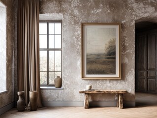 A room with a wooden bench and a framed picture on the wall. The picture is of a field with trees