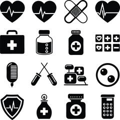 Collection of medical icons featuring hearts with heartbeats first aid kits medicine bottles bandages and diagnostic tools