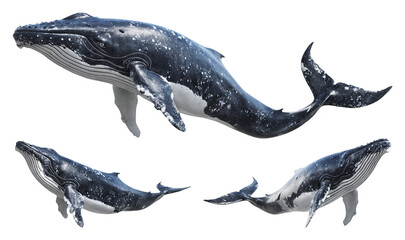 Humpback Whale Family Pod – Realistic 3D Rendered Marine Mammals on Transparent Background for Wildlife Publications, Ocean Conservation Campaigns, and Educational Materials