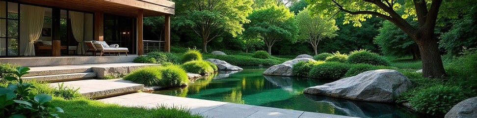 Naklejka premium Tranquil Oasis Landscape Architecture Design with Flowing Lines, Lush Greenery, and Meticulous Stonework. A Serene Blend of Nature and Human Design Creating a Peaceful Retreat.