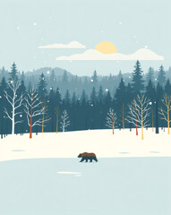Winter landscape features a bear walking across a frozen lake under a serene sunlit sky