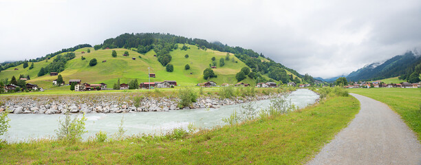 riverside walkway along Landquart river, from Klosters to Monbiel, swiss landscape