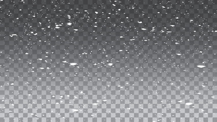 Falling snow overlay with varying sizes of white snowflakes and particles on transparent background, ideal for creating realistic winter effects. Vector illustration