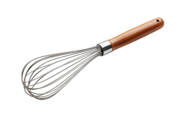 Elevating baking joy with a wooden handled whisk a timeless kitchen companion blending flavors on transparent background