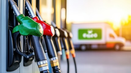 Close-up of fuel pump nozzles at a gas station with a blurred eco-friendly truck in the background during sunset.