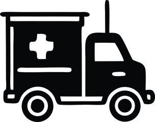 Simple black and white icon of an ambulance with a prominent white cross on its side representing emergency medical services