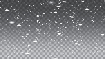 Transparent background with small falling snowflakes. Snow storm effect, blurred, cold wind with snow. Clear snowflakes and frost white snow particles on isolated transparent background. Vector snowfa