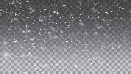 Transparent background with small falling snowflakes. Snow storm effect, blurred, cold wind with snow. Holiday powder snow for cards, invitations, banners, advertising. stock illustration