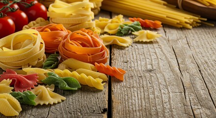 Colorful pasta varieties on rustic wooden surface, including tomatoes and spaghetti