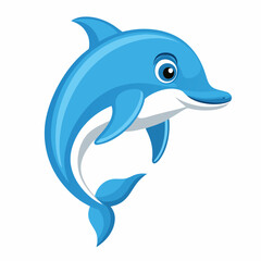 Cartoon Illustration of a Playful Blue Dolphin Leaping Upwards Featuring a Smiling Face Large Eye and Smooth Stylized Fins and Body on a Clean White