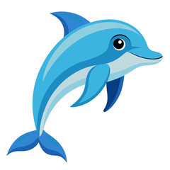 A cheerful cartoon dolphin illustration rendered in varying shades of blue showcasing a playful and friendly demeanor against a clean white background perfect for children