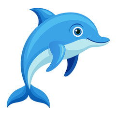 A cheerful cartoon dolphin leaps playfully rendered in shades of blue with a friendly smile set against a clean white background perfect for children s