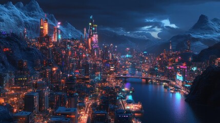 Fototapeta premium Futuristic city nestled in a snowy mountain valley at night, vibrant neon lights illuminating skyscrapers and a river flowing through