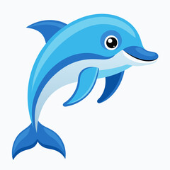 A cheerful cartoon dolphin with bright blue skin a friendly smile and a playful pose set against a clean white background evokes a sense of