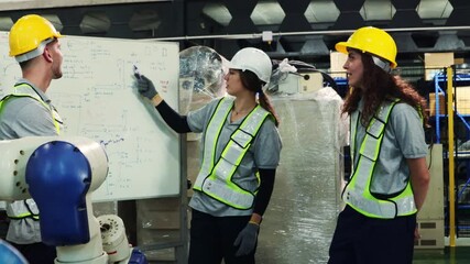 Group male and female robot engineers meet robot discuss and write their work blackboard understand offer ideas and listen their opinions work will be successful completed according to the goal.