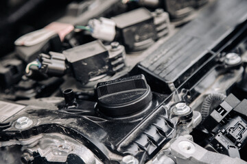 Close-up of a new car engine. Concept of repair, parts and diagnostics.