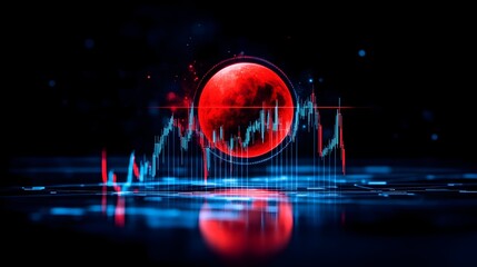 Blood moon, crypto chart, dark background, futuristic finance