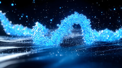 Blue glowing particles flow, dark background, abstract science