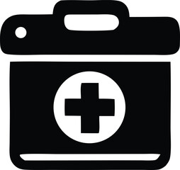 Simple black and white illustration of a medical first aid kit with a prominent red cross symbol on its front