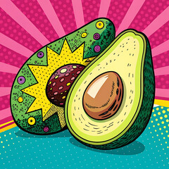 Vibrant pop art avocado halves with funky patterns isolated on white background