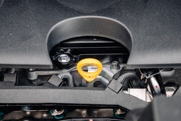 Close-up of a new car engine. Concept of repair, parts and diagnostics.