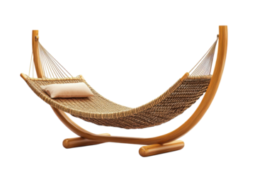 An inviting woven hammock promises lazy summer days and relaxing afternoons with a wooden on transparent background