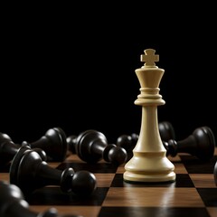 Victorious white king stands tall amidst fallen black pawns on a chessboard