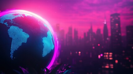 Futuristic globe over city skyline at night