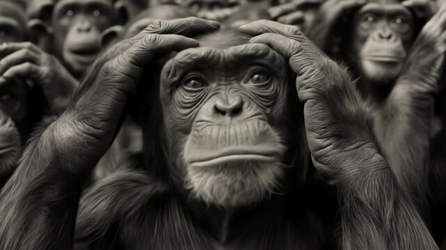 A chimpanzee holds its head in bewilderment among others in a close up shot. A monochrome portrait expressing confusion and thoughtfulness. Existential crisis, cognitive dissonance, thought provoking.
