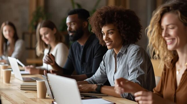 cinematic wide shot of a diverse group of students actively participating in a virtual classroom on laptops and tablets, modern home office settings, soft natural light, authentic engagement