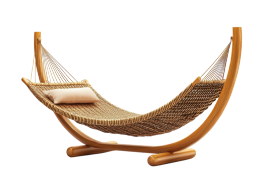 An inviting woven hammock promises lazy summer days and relaxing afternoons with a wooden on transparent background