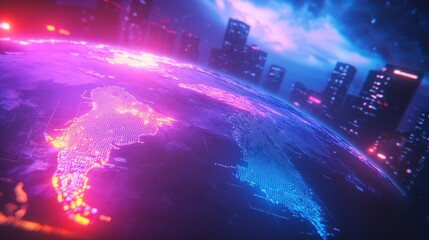 Vibrant futuristic city with glowing world.