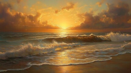 Obraz premium Golden sunrise over a tranquil ocean shore. Soft waves crash gently onto a sandy beach, illuminated by a brilliant, warm sunrise. Clouds fill the sky, painted in hues of orange and gold