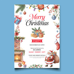watercolor vector merry christmas party poster template