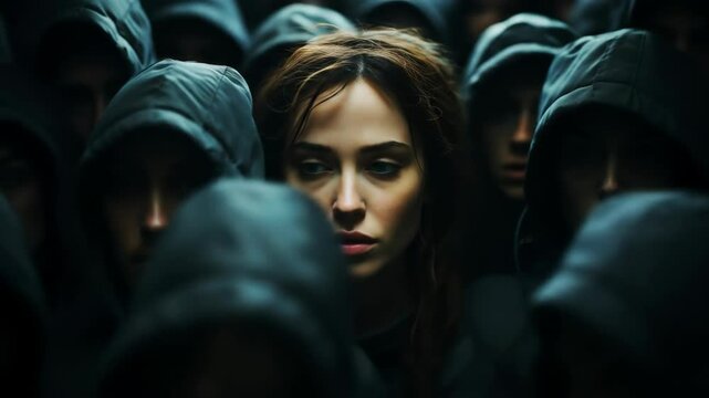 Woman surrounded by hooded figures in dark setting. A striking portrait of individuality and defiance. Standing out from the crowd, bravery, not conforming.